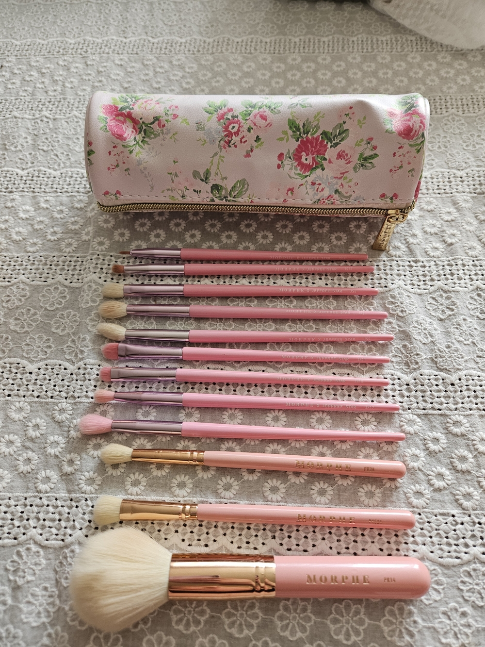 Morphe Pink Brushes And Jeffree Star Brushes with Floral Zip Case